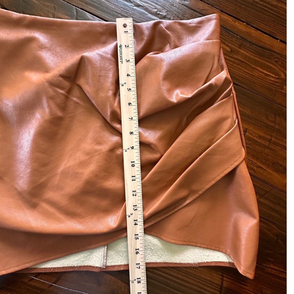 Cognac Faux Leather Mini Skirt Ruched Tulip Hem High Waisted Brown Vegan Leather - Picture 5 of 8